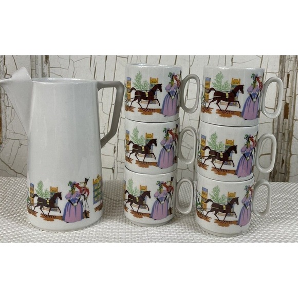 Vintage MCM Togana Italy Espresso Pot & 6 Cups Horse & Carriage Bridgerton - Picture 1 of 15